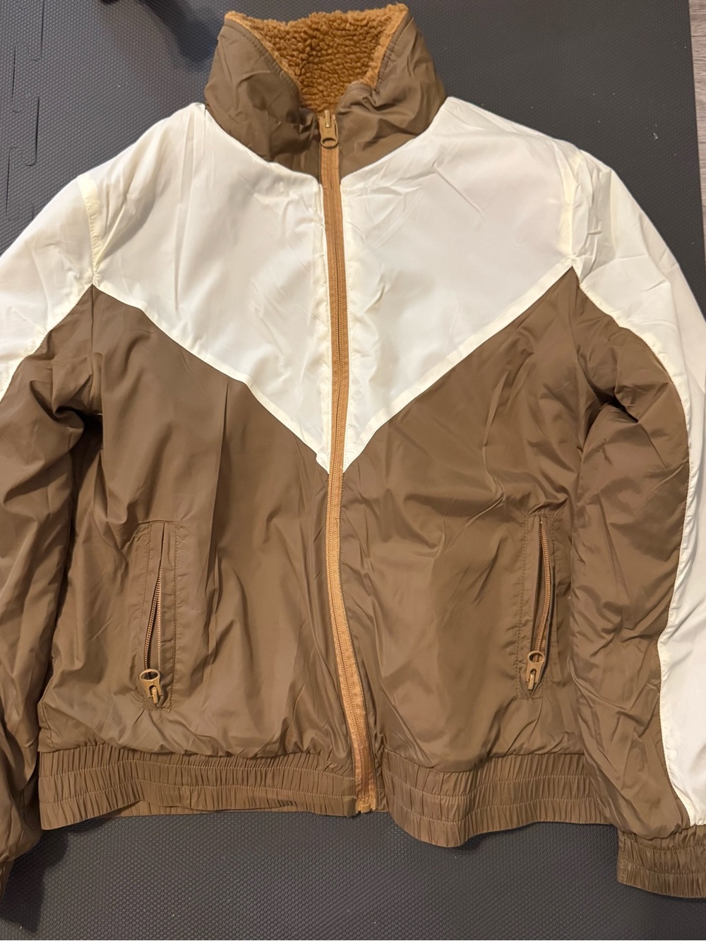 Women’s Reversible Brown and Cream Colorblock Puffer Jacket with Sherpa Collar